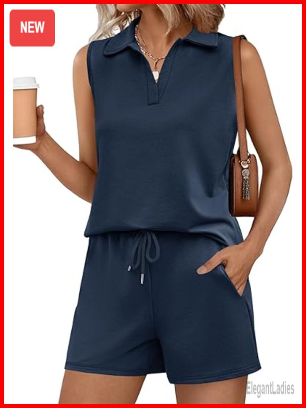 Two Piece Lounge Set Sleeveless V Neck Top and Drawstring Shorts